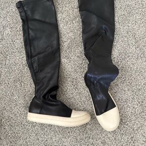 Black and Cream Over-the-Knee Leather Boots - Women's